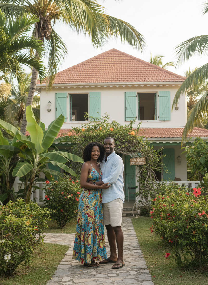 Un couple antillais souriant devant leur nouvelle maison en Martinique